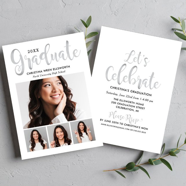 Convites Colagem de 4 Fotos Silver Script Graduate (Criador carregado)