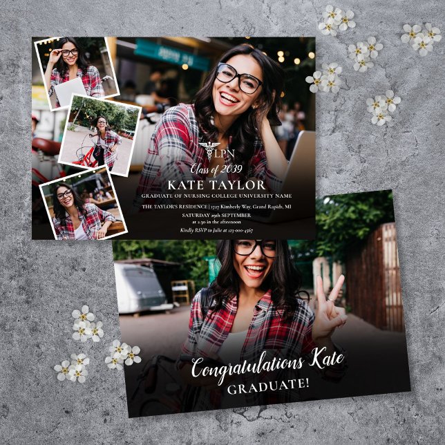 Convites Colagem de 5 fotos para festa de formatura de enfe (LPN Nursing 5 Photo Collage Graduation Party Invitation)