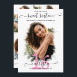 Convites Colagem de Foto Branco Cor-de-Rosa Negra Docente 1<br><div class="desc">Este bonito e giro convite de colagem de 16 fotos de festa de aniversário é perfeito para a moça da moda e na moda. Ele apresenta um simples halo branco de pincelada sobre uma grande foto de recurso e uma elegante tipografia cursiva manuscrita a preto e rosa. No verso estão...</div>
