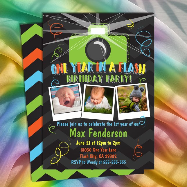 Convites Colagem de Fotografias Um Ano num Flash Primeiro A (Photo Collage One Year in a Flash First Birthday I Invitation
)