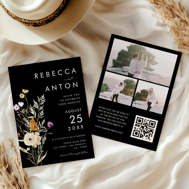 Convites Colagem de Fotos 3 Código QR Casamento Flor Silves (Criador carregado)