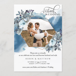 Convites Colagem de Fotos, Casamento Virtual Azul Geométric