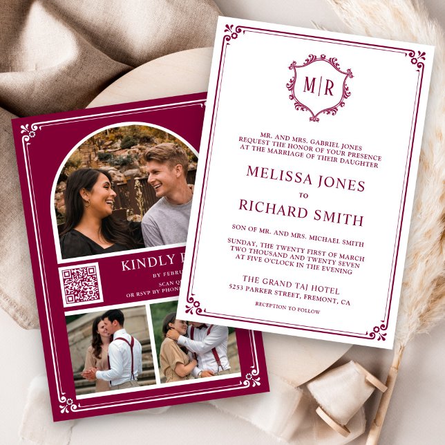 Convites Colagem de Fotos com Código QR Monograma Casamento (Criador carregado)