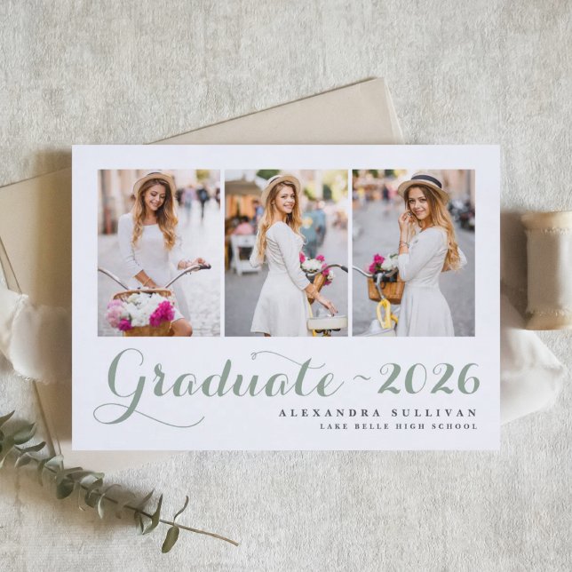 Convites Colagem de Fotos da Turma de 2025 Verde Sálvia Gra (Customizable sage green photo graduation announcement featuring modern calligraphy. )
