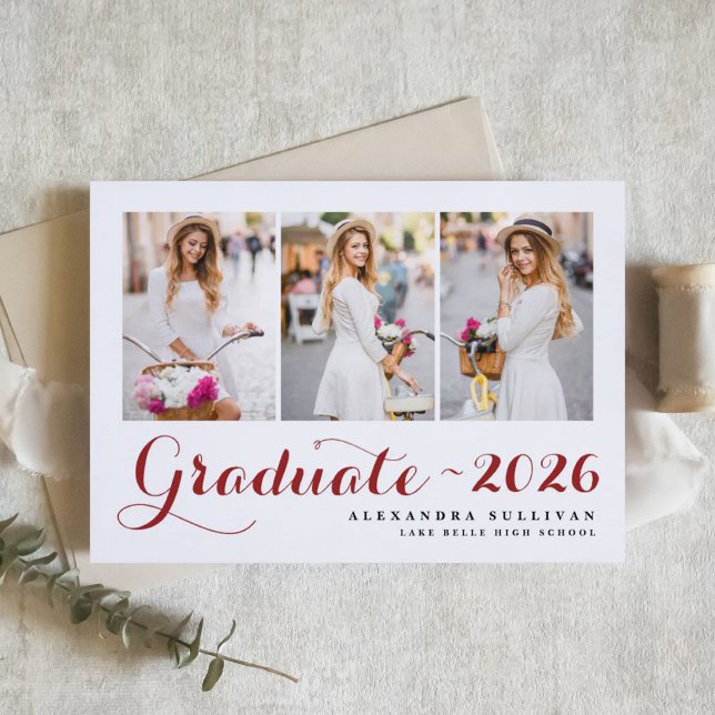 Convites Colagem de Fotos da Turma Vermelha de 2026 Formatu (Customizable photo collage graduation invitation featuring modern calligraphy. )