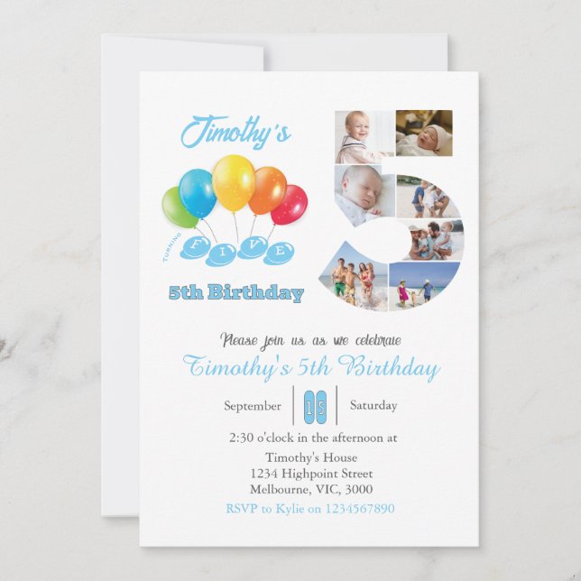 Convites Colagem de fotos de 5 de aniversário número 5 Boy (Frente)