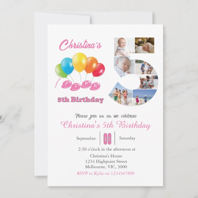 Convites Colagem de fotos de 5 número 5 Rapariga (Frente)