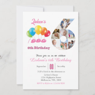 Convites Colagem de fotos de 6 número 6 Rapariga