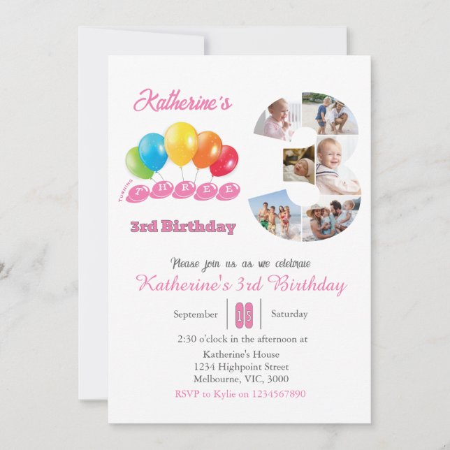 Convites Colagem de fotos de aniversário de 3 anos número 3 (Frente)