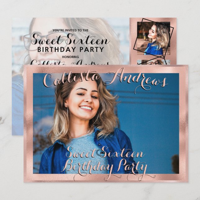 Convites Colagem de Fotos de Borda Dourada Girly Rosa Doce  (Frente/Verso)