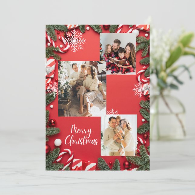 Convites Colagem de Fotos de Férias Festivas Vermelhas Feli (Em pé/Frente)