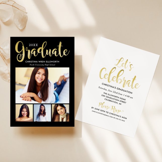 Convites Colagem de Fotos de Formatura em Script Dourado Fe (Criador carregado)