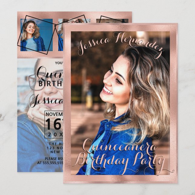 Convites Colagem de Fotos de Fronteira Dourada Girly Rosa Q (Frente/Verso)