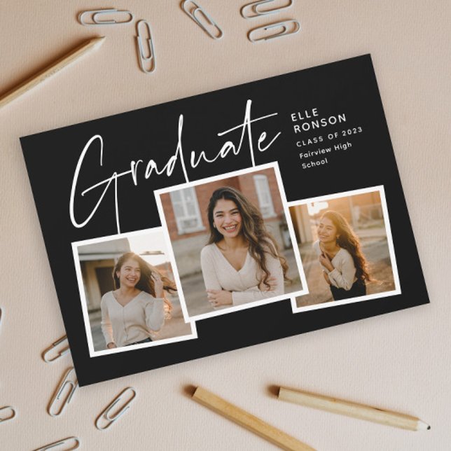 Convites Colagem de Fotos de Graduação com Letra Moderna Fo (Modern Script Graduate Black and White Photo Collage Graduation Invitation.)