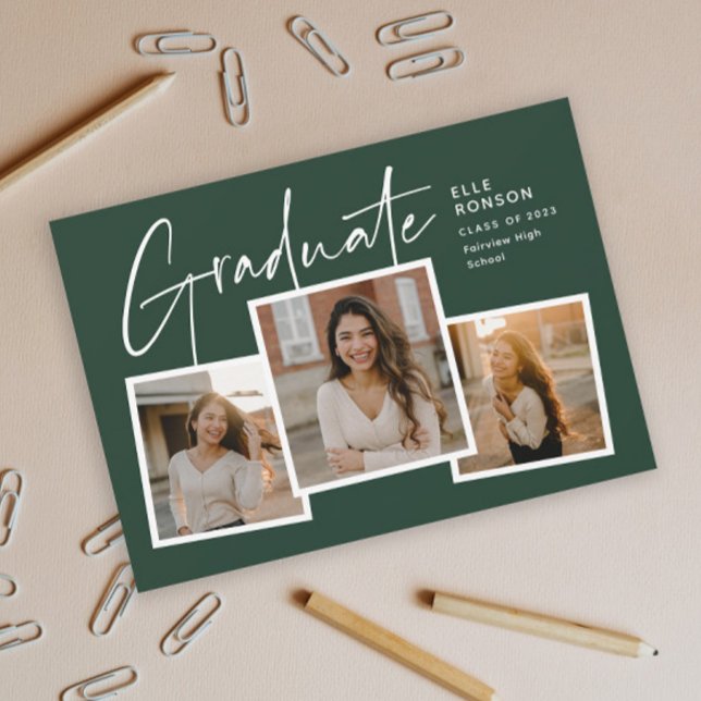 Convites Colagem de Fotos de Graduação com Letra Moderna Fo (Modern Script Graduate Green Photo Collage Graduation Invitation.)