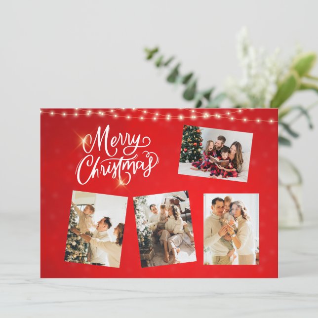 Convites Colagem de Fotos de Natal Mínima Vermelha Branca (Em pé/Frente)