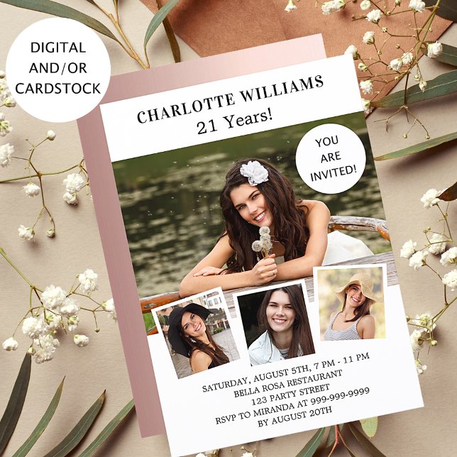 Convites Colagem de fotos de ouro rosa branco-festa de aniv (Criador carregado)