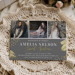 Convites Colagem de Fotos do Abstrato Dourado Doce 16 Anive<br><div class="desc">Um convite de aniversário de 16 fotos de colagem de tendências, abstrato, com 3 fotografias da aniversariante ou rapaz, uma cor de bloco de cinza que pode ser mudada para qualquer cor, traçados de tinta dourada e confete de brilho dourado como decoração com um moderno modelo de texto branco, que...</div>