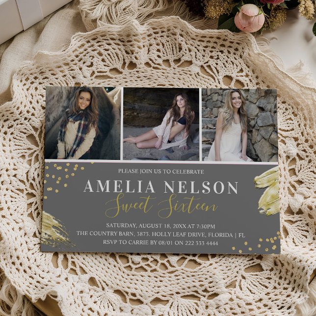 Convites Colagem de Fotos do Abstrato Dourado Doce 16 Anive (Criador carregado)