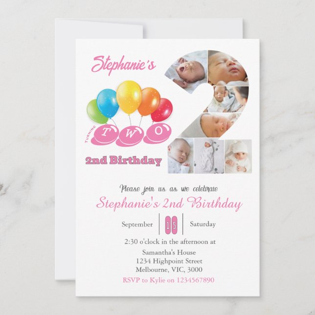 Convites Colagem de fotos do segundo aniversário número 2 R (Frente)