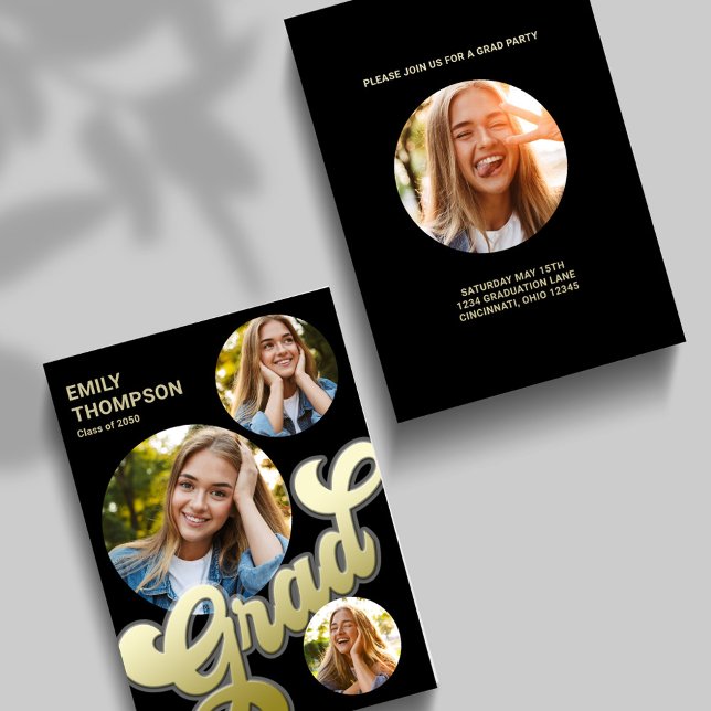Convites Colagem de Fotos Dourada com Na moda Moderno do fo (Grad graduate gold typography photo card template. with a four-photo template. )