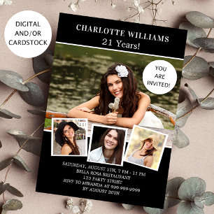 Convites Colagem de fotos em preto-e-festa de aniversário b