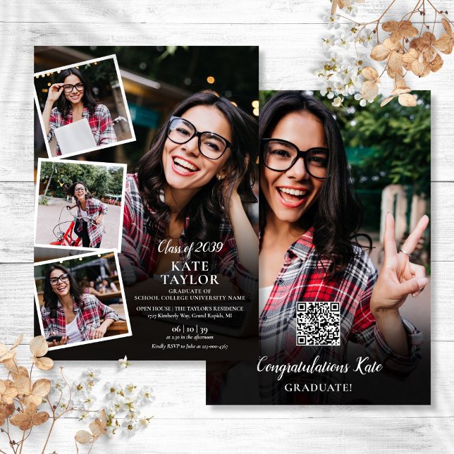 Convites Colagem de Fotos Festa de Formatura Moderna Código (Photo Collage Modern Graduation Party QR Code Invitation)