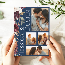 Convites Colagem de Fotos Florais em Burgundy Casamento Azu