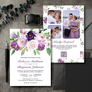 Convites Colagem de Fotos Floral Roxo Rústico Código QR Cas