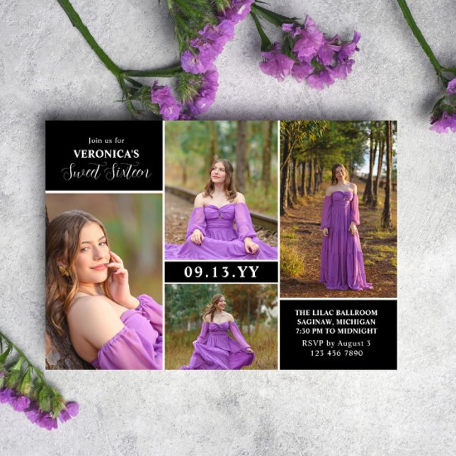 Convites Colagem de Fotos Mínima Moderna Negra Doce Dezesse (Criador carregado)