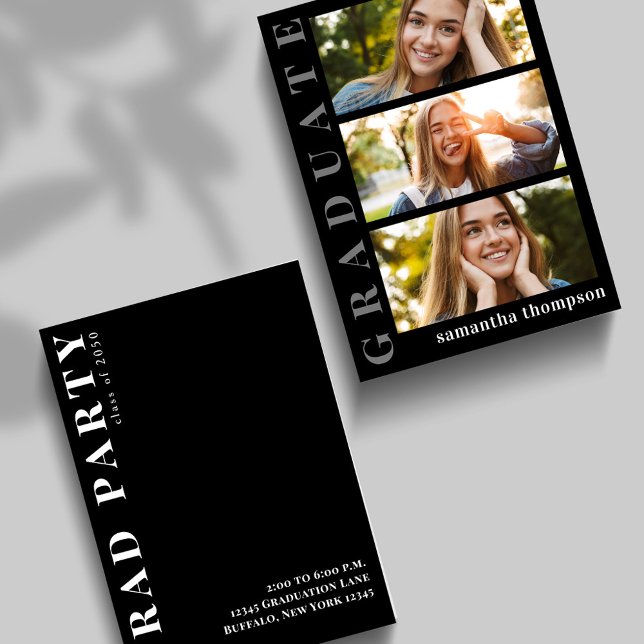 Convites Colagem de Fotos Moderna em Preto e Branco do form (Graduate black and white typography invitation with a three-photo collage template. )
