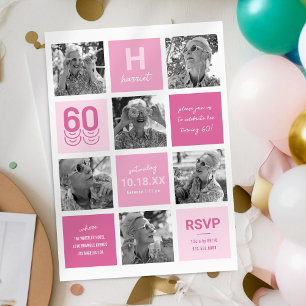 Convites Colagem de Fotos Moderno Rosa Aniversário de 60 an