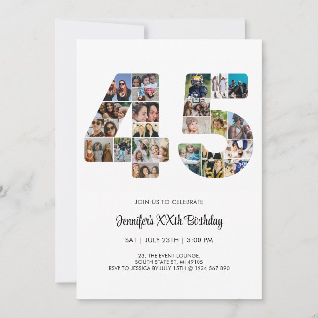 Convites Colagem de Fotos Personalizada do 45º aniversário  (Frente)