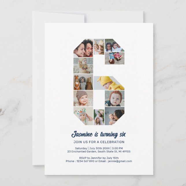 Convites Colagem de Fotos Personalizada do Número 6 de Aniv (Frente)