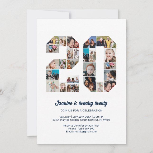 Convites Colagem de Fotos Personalizada do Número de Aniver (Frente)