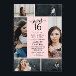 Convites Colagem de Fotos Rosa Esmagada Doce Dezesseis<br><div class="desc">O convite para 16 fotos com colagem de fotos com espaço para seis fotos de sua aniversariante. Adicione o texto do convite e os detalhes em fontes pretas contra um fundo rosado. A parte traseira apresenta um impressão cor-de-rosa com um efeito aquarela esmaecido.</div>