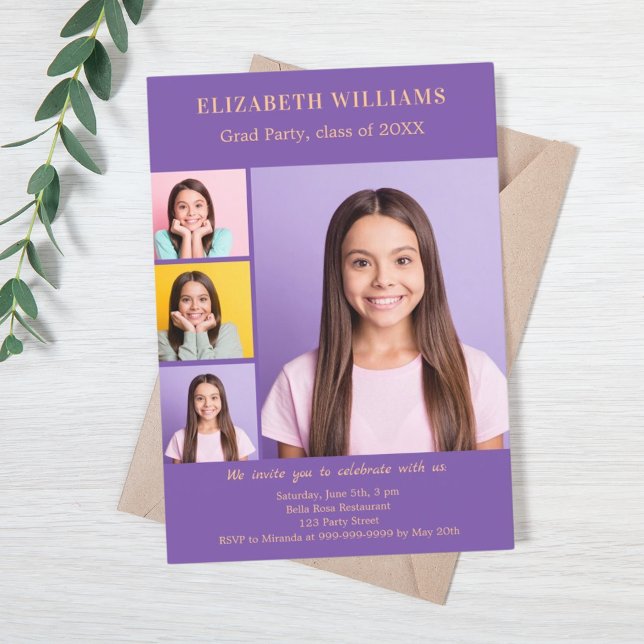 Convites Colagem de fotos roxa festa de formatura (Criador carregado)