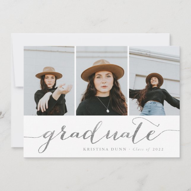 Convites Colagem de Fotos Silver do Script do formando | Fo (Frente)