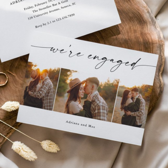 Convites Colagem de Fotos Simples de Casamento noivado Scri (Elegant Script 3 Photo Collage Engagement Invitation Announcement Cards.)