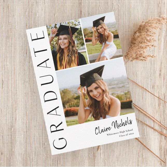 Convites Colagem de Fotos Verticais Modernas para Formatura (Modern Typography 3 Photo Collage Graduation Party Announcement Invitation.)