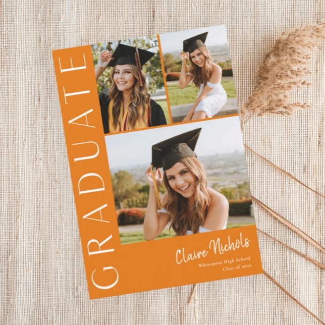 Convites Colagem de Fotos Verticais Modernas para Formatura (Orange Modern Typography 3 Photo Graduation Invitations.)