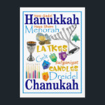 Convites Colagem de Palavras de Chanukah<br><div class="desc">O cartão Hanukah (Hanukkah,  Chanukah) apresenta palavras e símbolos do feriado Dreidel,  menorah,  gelt,  etc.</div>