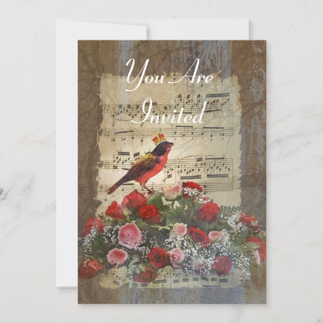 Convites Colagem de pássaros vermelhos em uma folha de músi (Frente)