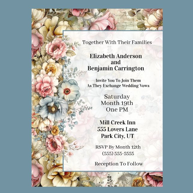 Convites Colagem Floral Bonito Casamento (Vintage floral wedding invitation with watercolor flowers and romantic botanical design
)