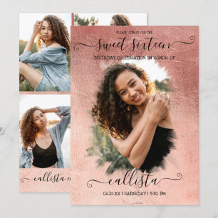Convites Colagem Fotográfica rosa Gold Foil Halo Sweet 16