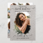 Convites Colagem Halo Fotográfica Silver Glitter Sweet 16<br><div class="desc">Este bonito e giro convite de colagem de 16 fotos de festa de aniversário é perfeito para a moça da moda e na moda. Ele apresenta um halo de pincelada brilhante cintilante impresso em cima de uma foto de grande recurso e uma elegante tipografia cursiva escrita à mão. No verso...</div>