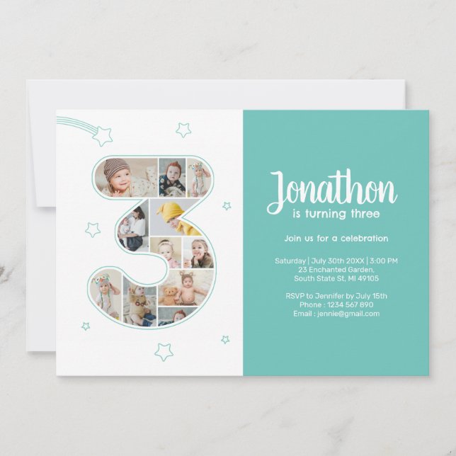 Convites Colagem Personalizada de Fotografias do Número 3 d (Frente)