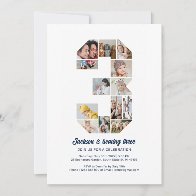 Convites Colagem Personalizada de Fotos de aniversário de 3 (Frente)