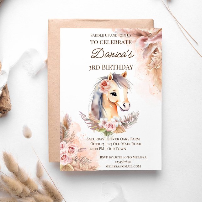 Convites Colar a festa de aniversário de cavalos da cowgirl (Saddle up horses cowgirl birthday party template invitation instant download boho pampas grass)