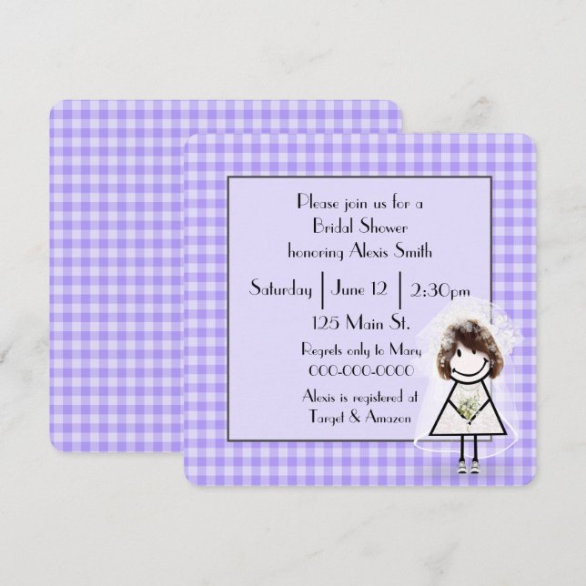 Convites Colar A Noiva Na Gingham Púrpura (Frente/Verso)
